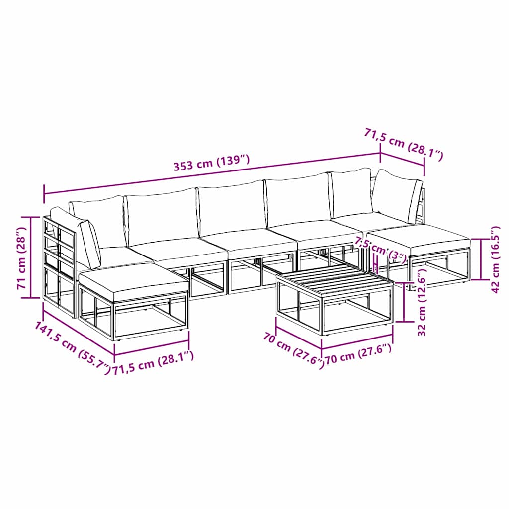 Garten-Sofa-Set mit Kissen 8 pcs Schwarz Aluminium