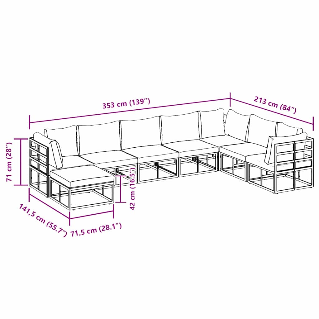 Garten-Sofa-Set mit Kissen 8 pcs Schwarz Aluminium