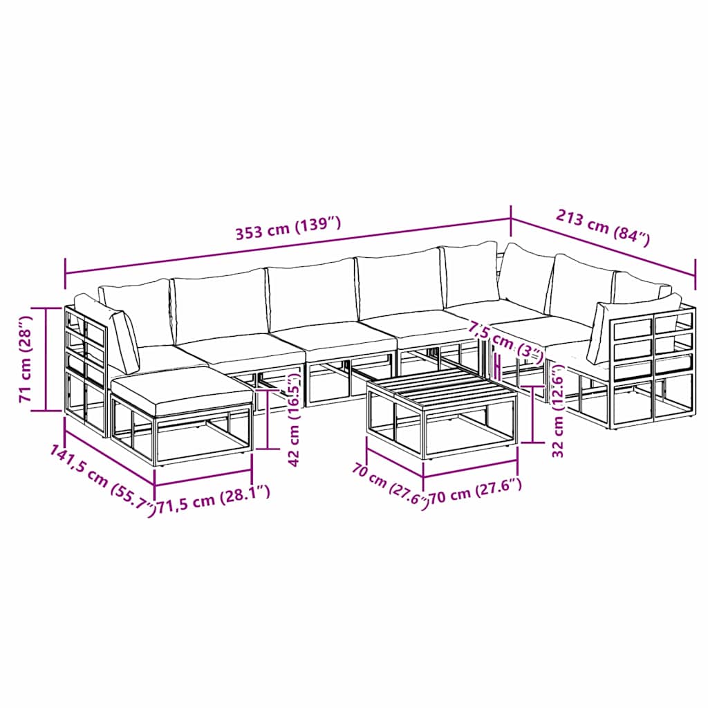 Garten-Sofa-Set mit Kissen 9 pcs Schwarz Aluminium