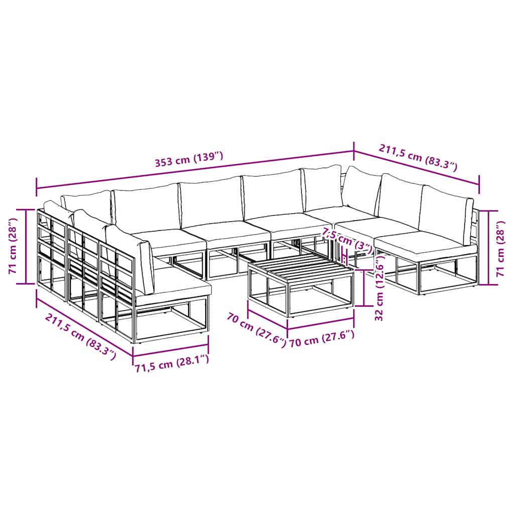 Garten-Sofa-Set mit Kissen 10 pcs Schwarz Aluminium