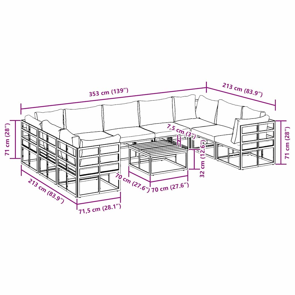 Garten-Sofa-Set mit Kissen 10 pcs Schwarz Aluminium