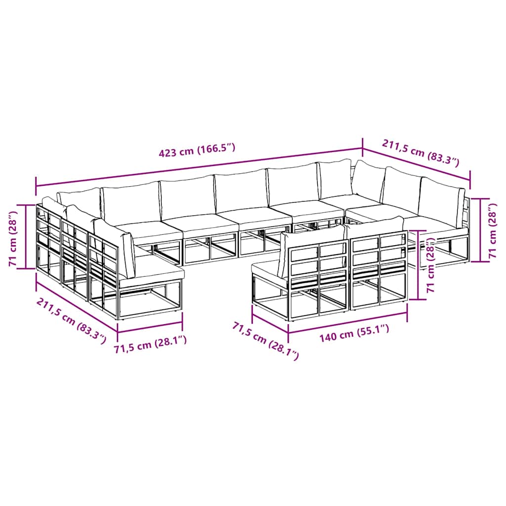 Garten-Sofa-Set mit Kissen 12 pcs Schwarz Aluminium