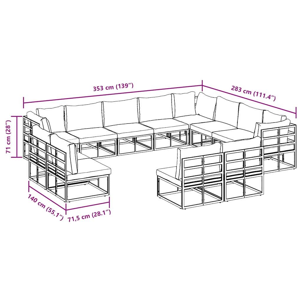 Garten-Sofa-Set mit Kissen 12 pcs Schwarz Aluminium