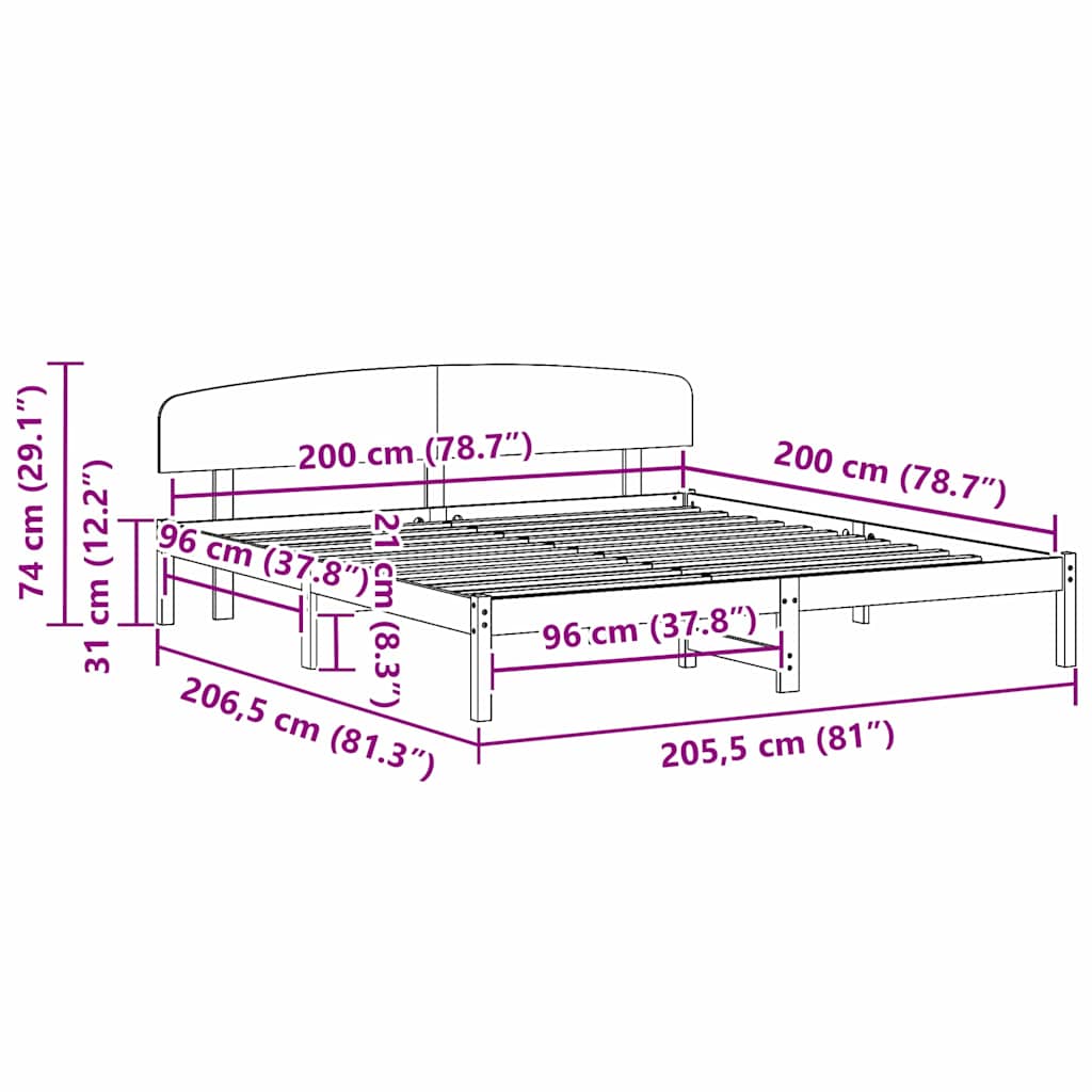 Bettrahmen mit Kopfteil Natur 200 x 200 cm Massives Kiefernholz