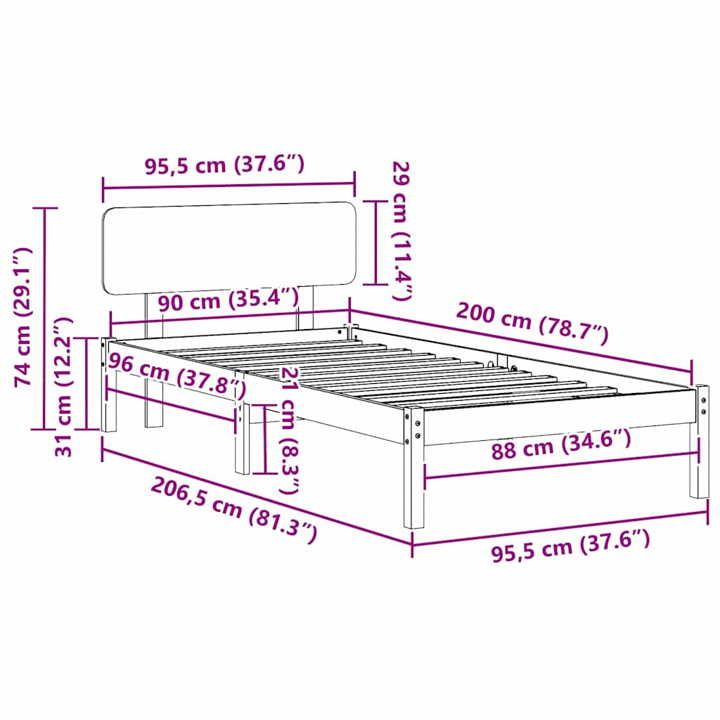 Bettgestell mit Kopfteil Natur 90 x 200 cm