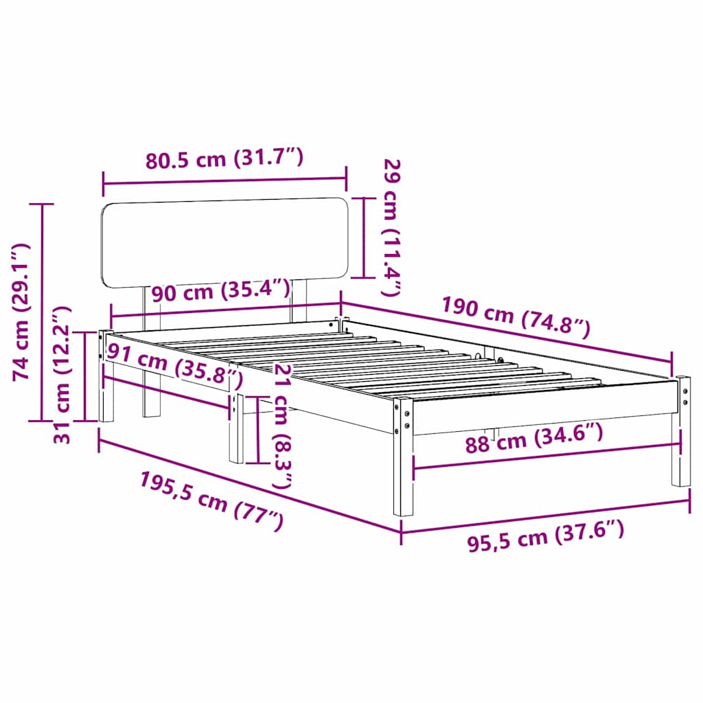 Bettgestell mit Kopfteil Wachsbraun 90 x 190 cm