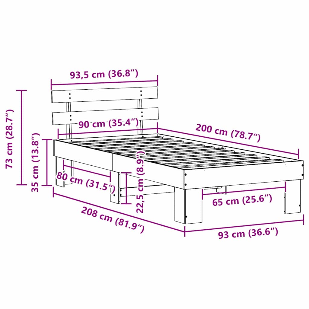 Bettgestell mit Kopfteil Weiß 90 x 200 cm
