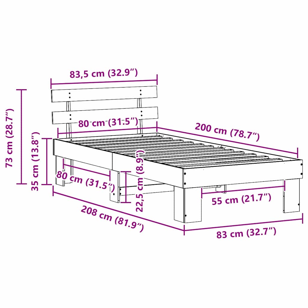 Bettgestell mit Kopfteil Weiß 80 x 200 cm