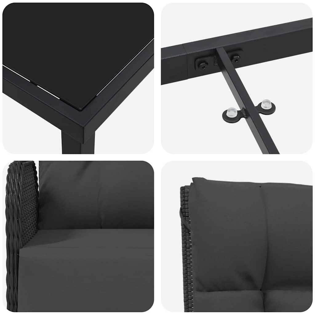 Garten Essgruppe mit Kissen 3 pcs Schwarz Poly Rattan