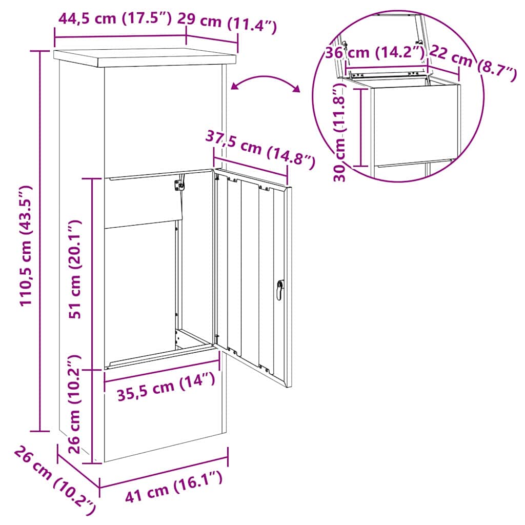 Paketdrop-Box Schwarz 44,5 x 29 x 110,5 cm Edelstahl
