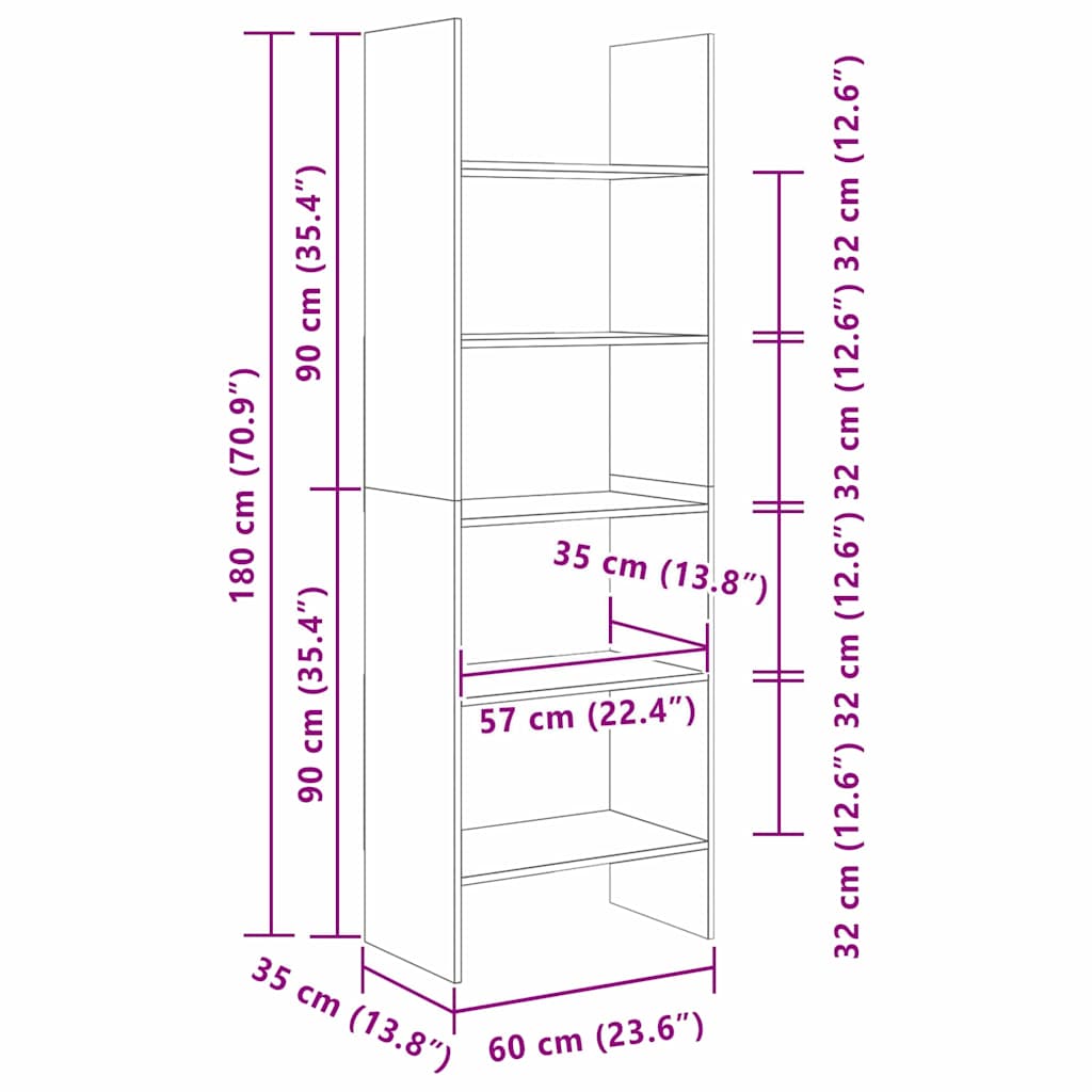 Bücherregal Schwarze Eiche 60 x 35 x 180 cm Holzwerkstoff