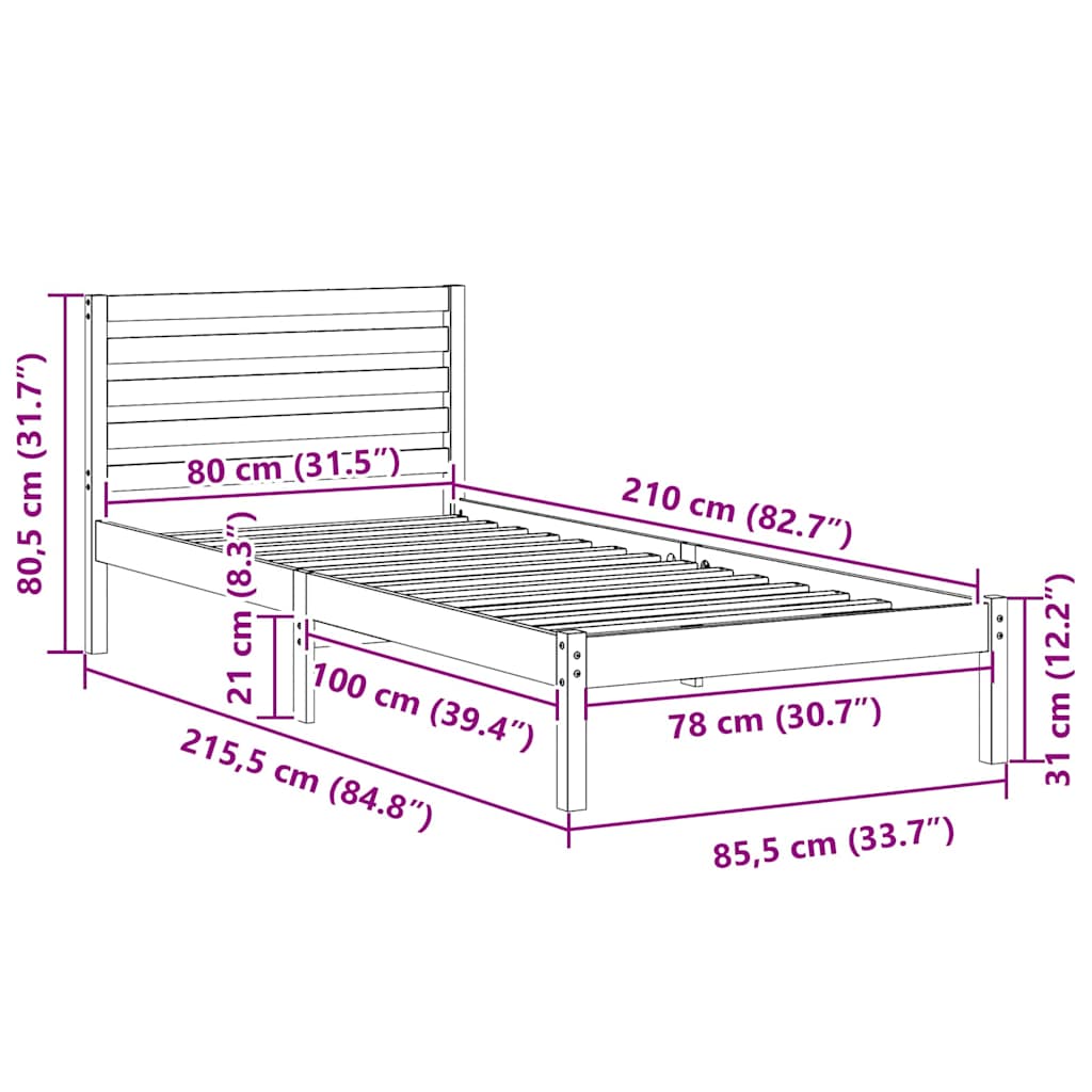 Bettgestell mit Kopfteil Weiß 80 x 210 cm Massivholz Kiefer