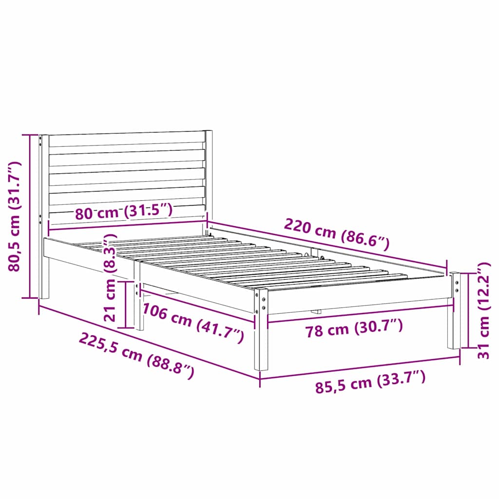 Bettgestell mit Kopfteil Weiß 80 x 220 cm Massivholz Kiefer
