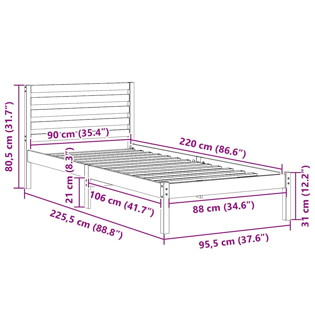 Bettgestell Wachsbraun 90 x 220 cm Massivholz Kiefer