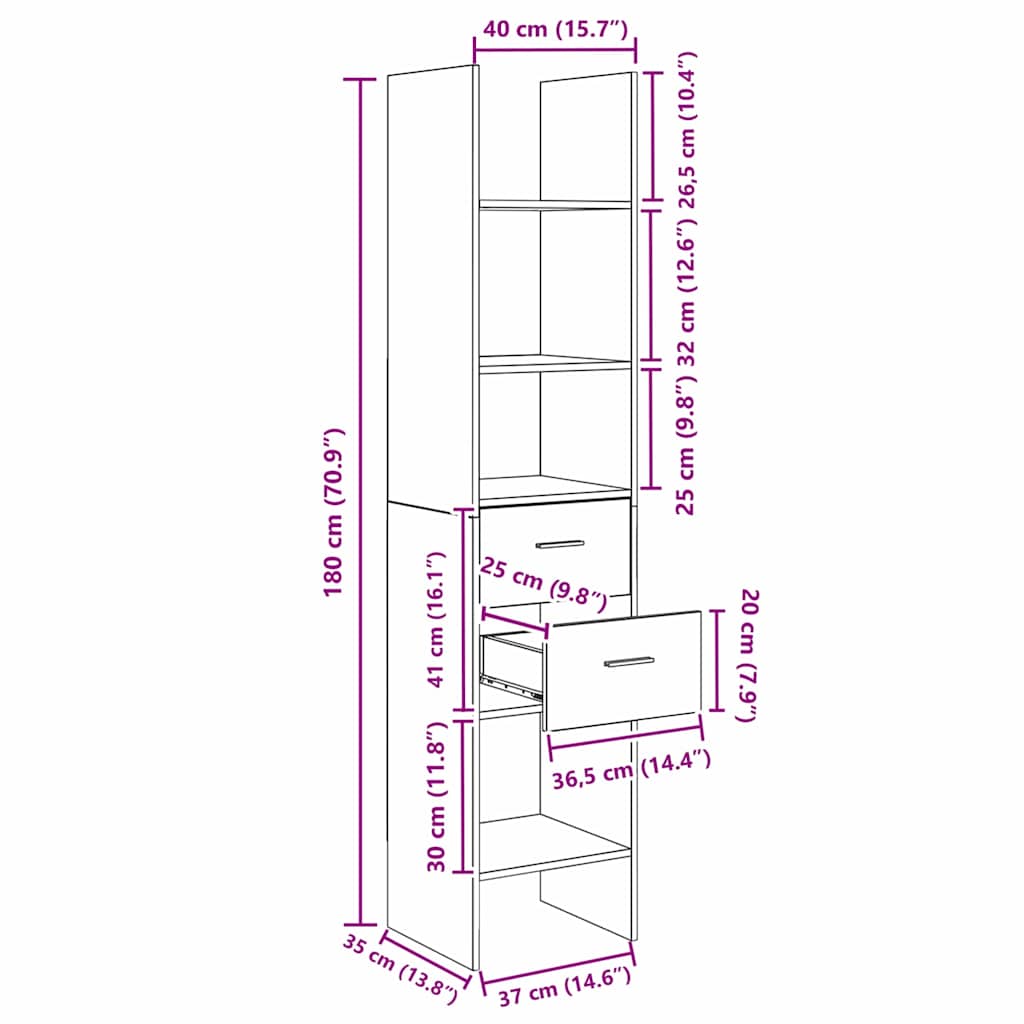 Bücherregal Eiche handwerklich 40 x 35 x 180 cm Holzwerkstoff