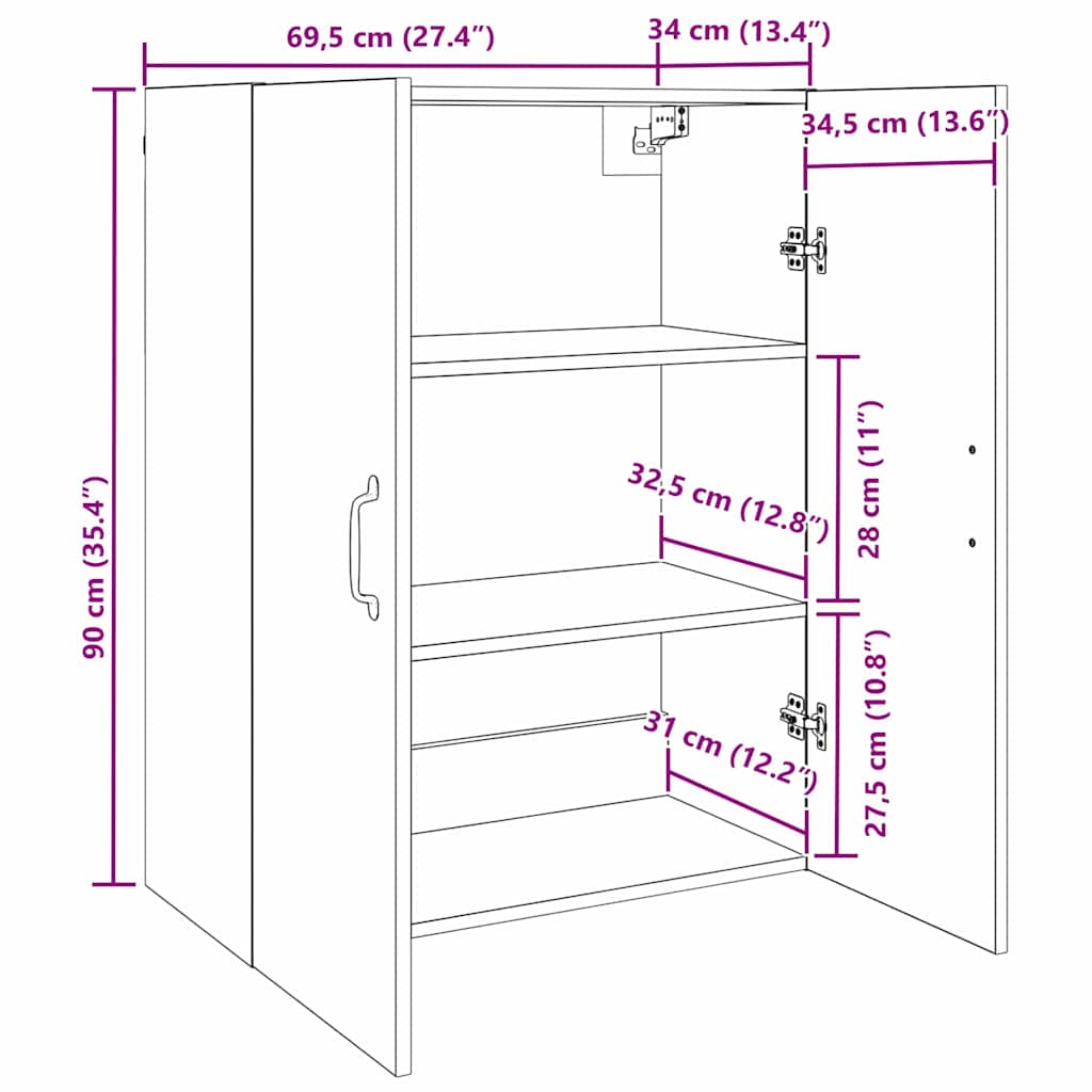 Hängeschrank Schwarze Eiche 69.5 x 34 x 90 cm Holzwerkstoff