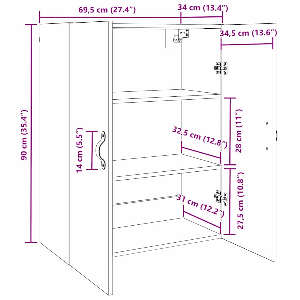 Wandschrank Wandmontiert Braun 69.5 x 34 x 90 cm Holzwerkstoff