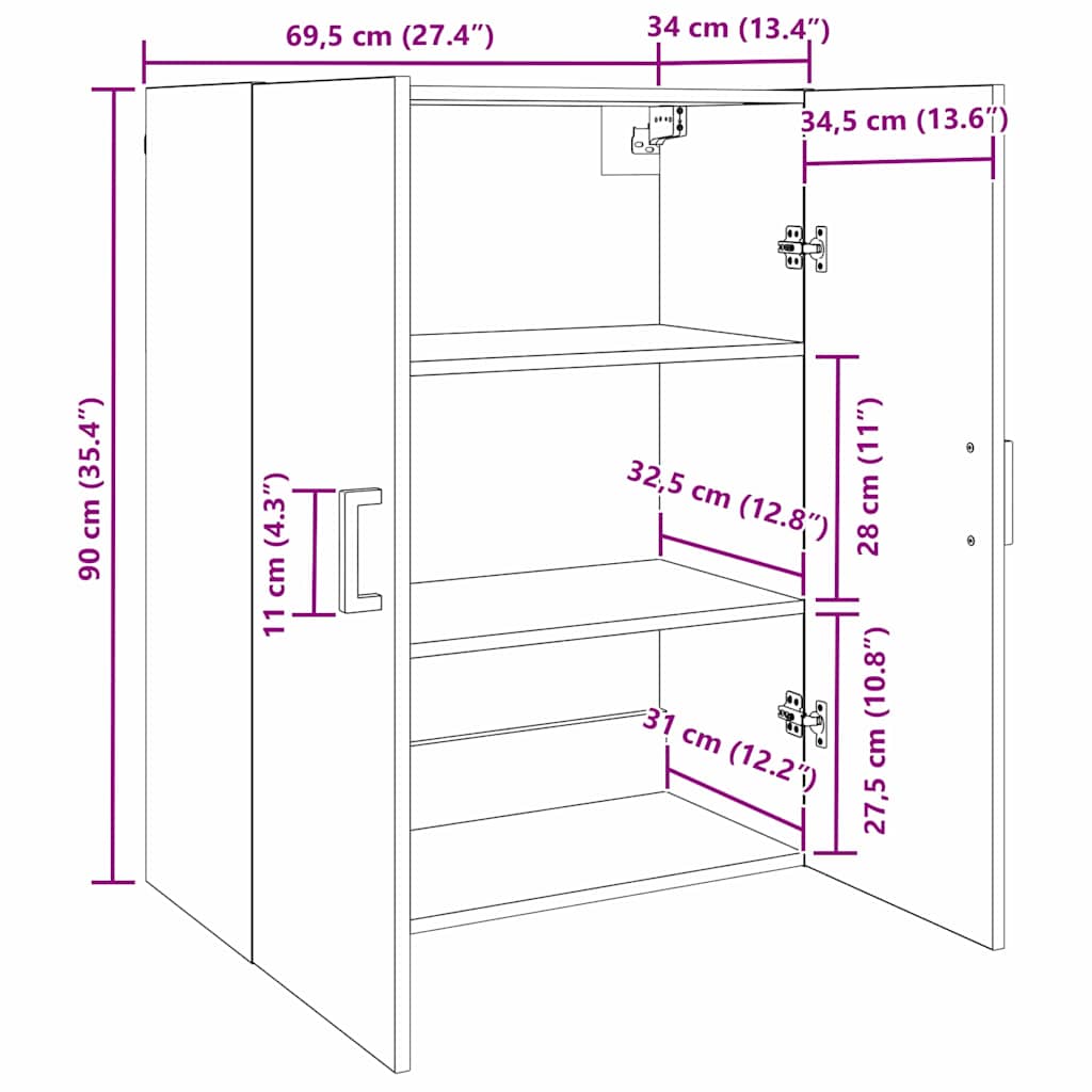 Wandschrank Wandmontiert Braun 69.5 x 34 x 90 cm Holzwerkstoff