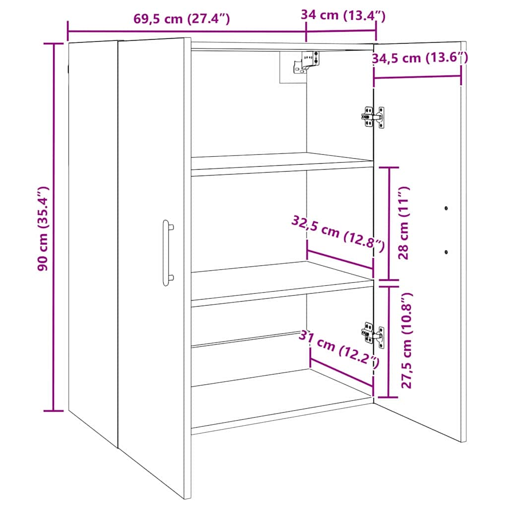 Wandschrank Schwarze Eiche 69.5 x 34 x 90 cm Holzwerkstoff
