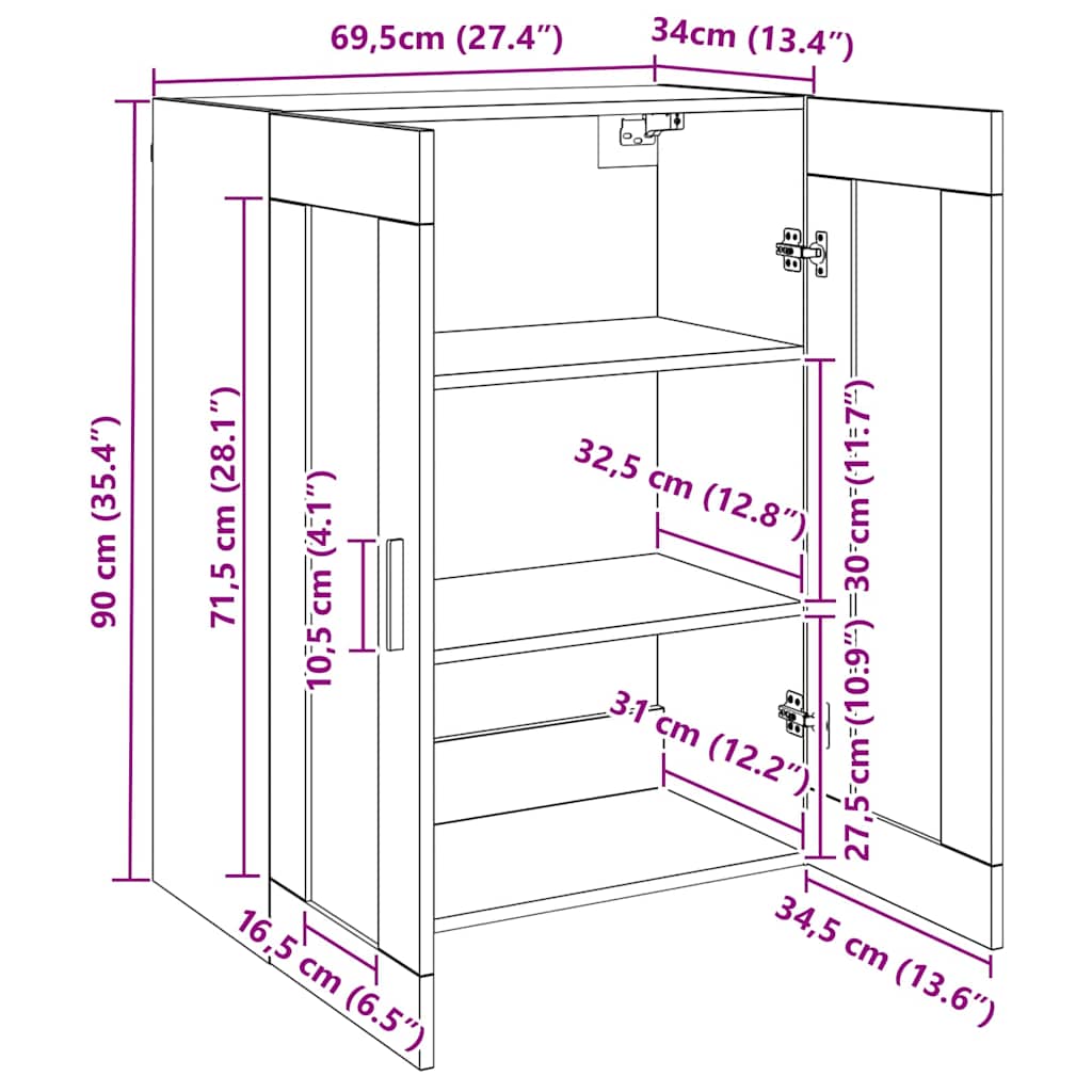 Wandschrank Schwarze Eiche 69.5 x 34 x 90 cm Holzwerkstoff