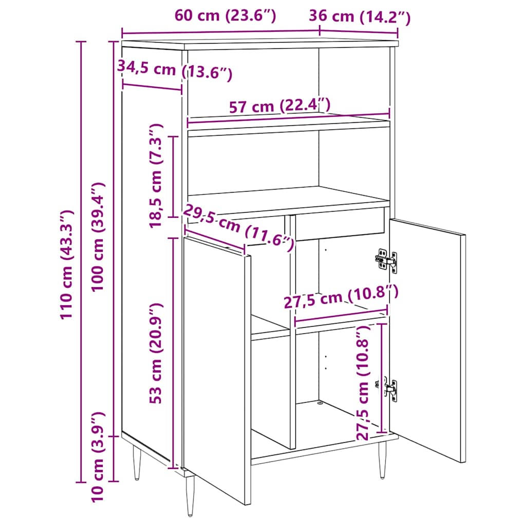 Hochboard Schwarz 60 x 36 x 110 cm Holzwerkstoff