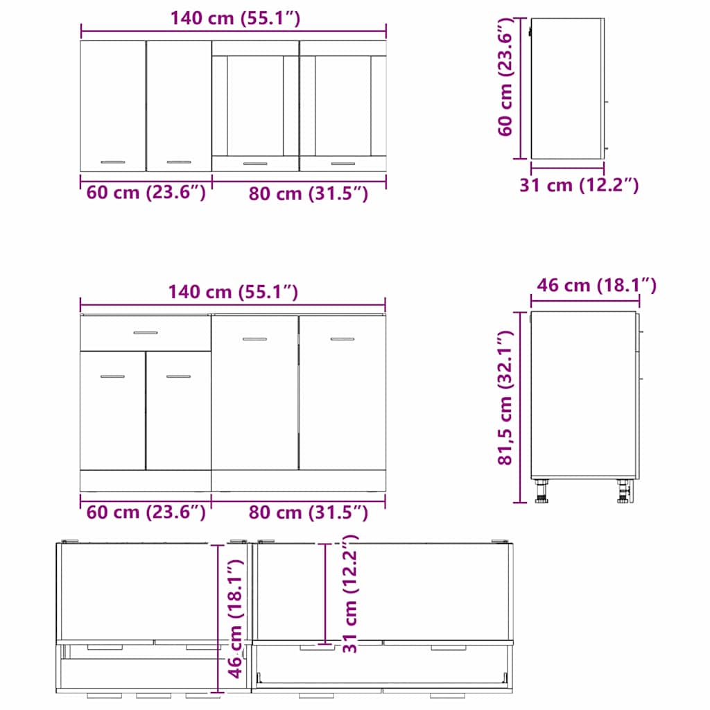Küchenschrank-Set 4 pcs Geräucherte Eiche 140 x 46 x 81.5 cm