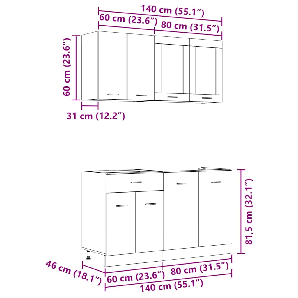 Küchenschrank-Set 4 pcs Geräucherte Eiche 140 x 46 x 81.5 cm