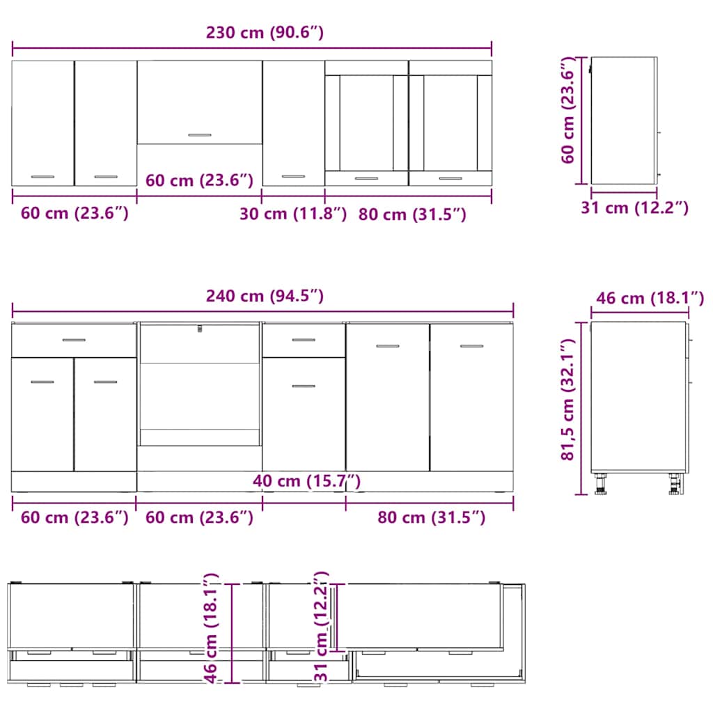 Küchenschrank-Set mit Tür 8 pcs Räuchereiche 240 x 46 x 81,5 cm