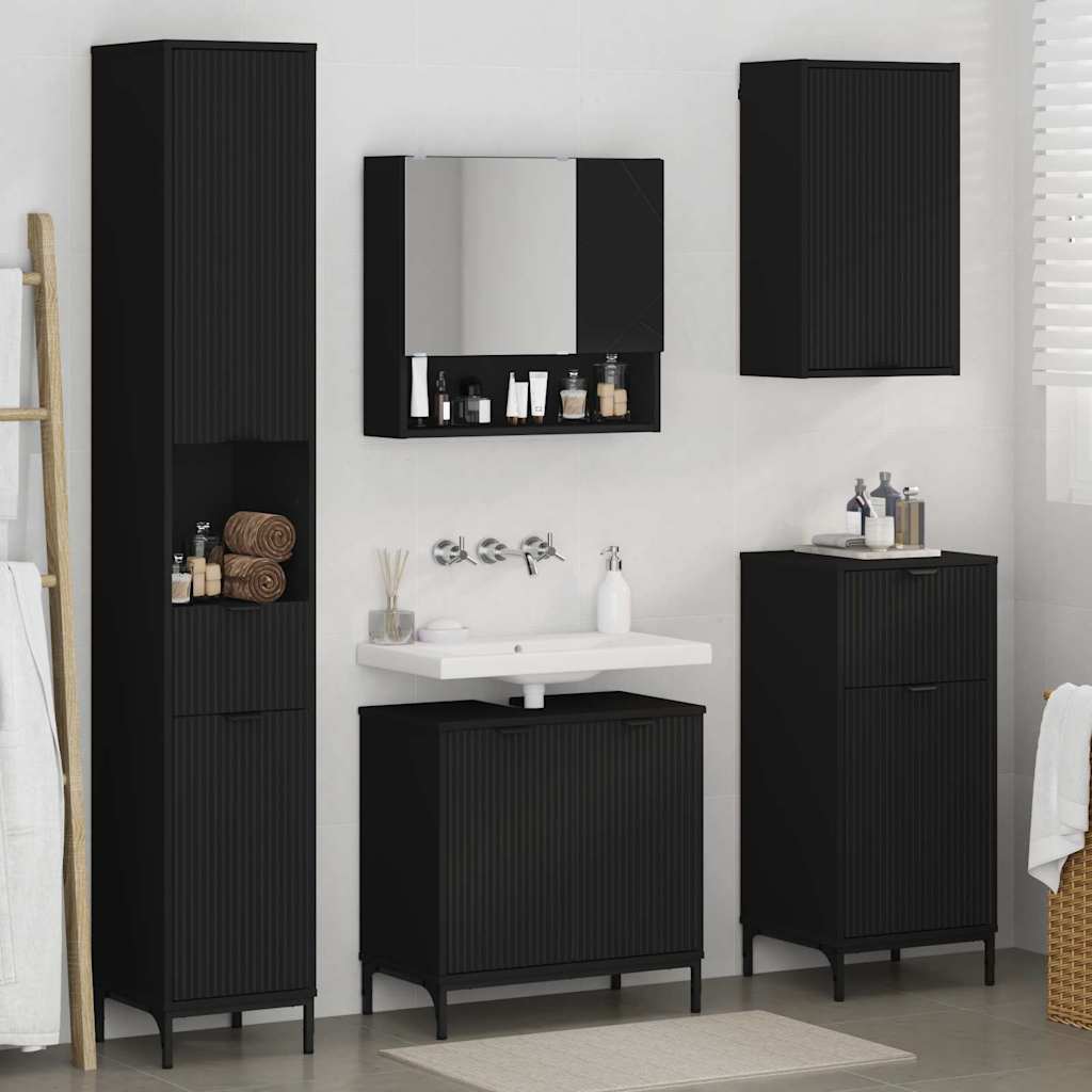 Badezimmermöbel Set mit Schubladen Schwarz Spanplatte, Metall