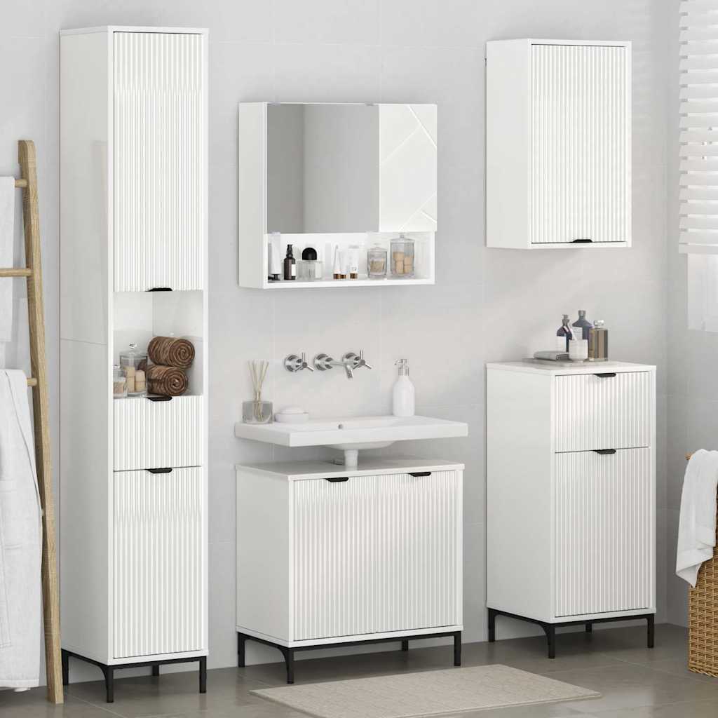 Badezimmermöbel Set mit Tür Hochglanz Weiß Spanplatte, Metall