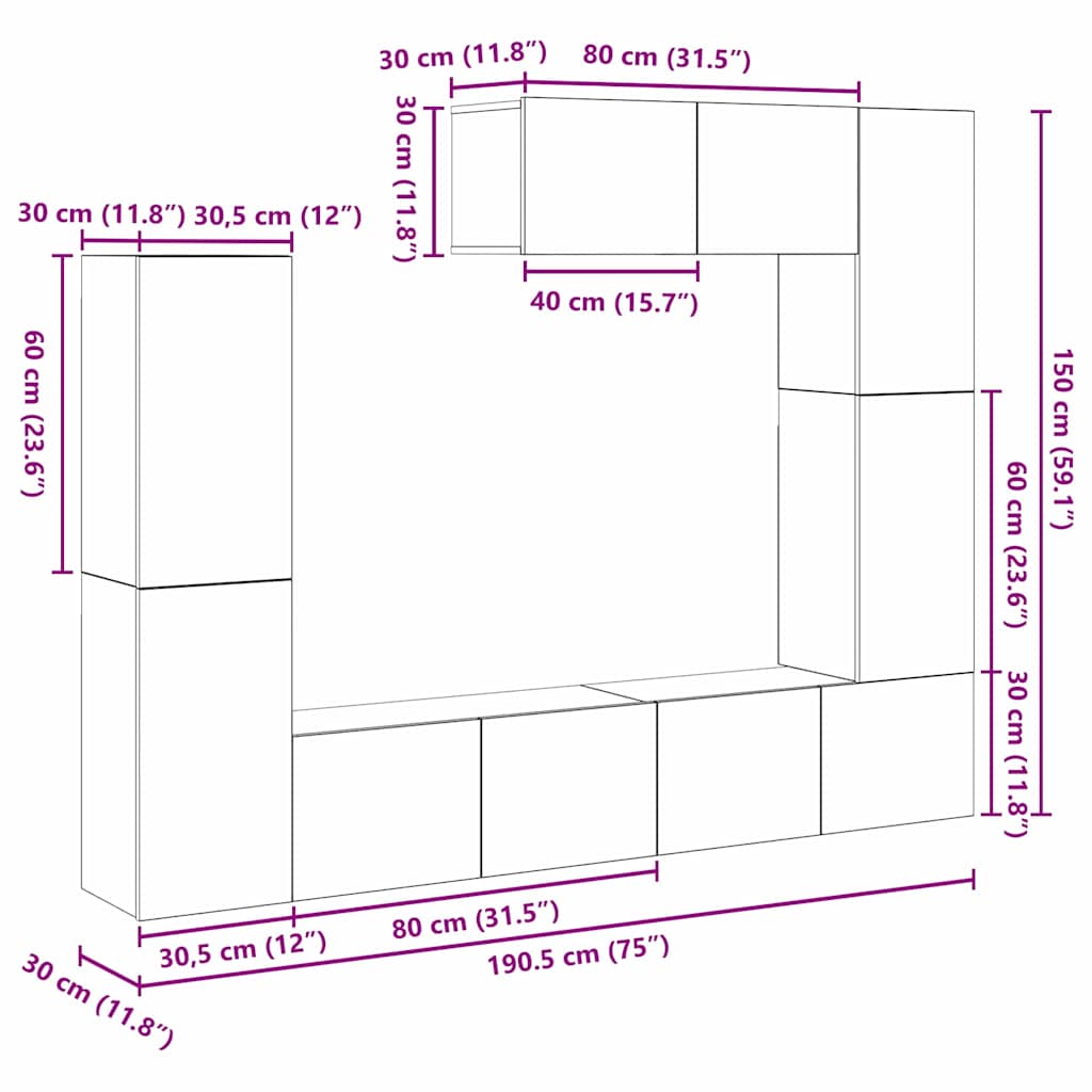 TV-Möbel-Set 7 pcs Altholz 80 x 30 x 30 cm Holzwerkstoff