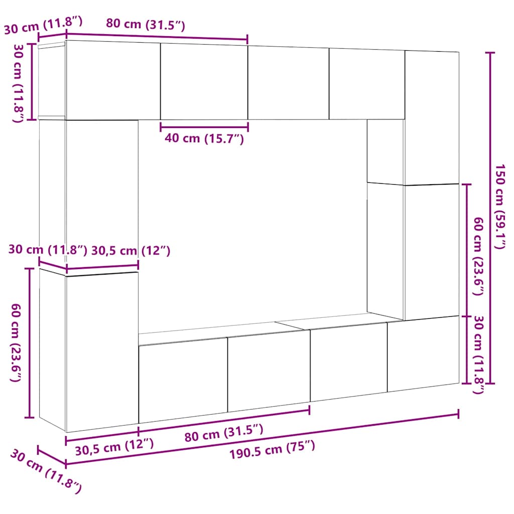 TV-Möbel-Set 8 pcs Altholz 80 x 30 x 30 cm Holzwerkstoff