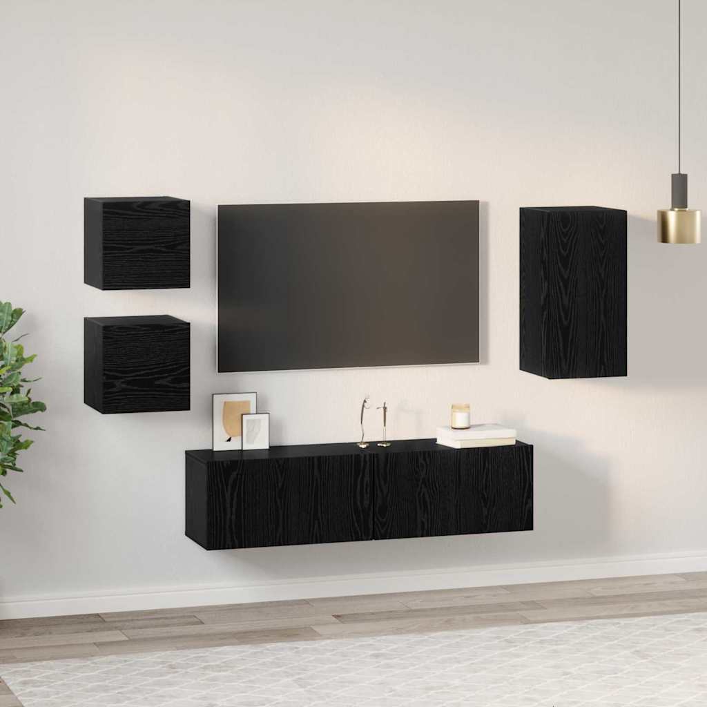 TV-Möbel-Set Wandmontiert 5 pcs Schwarze Eiche Holzwerkstoff