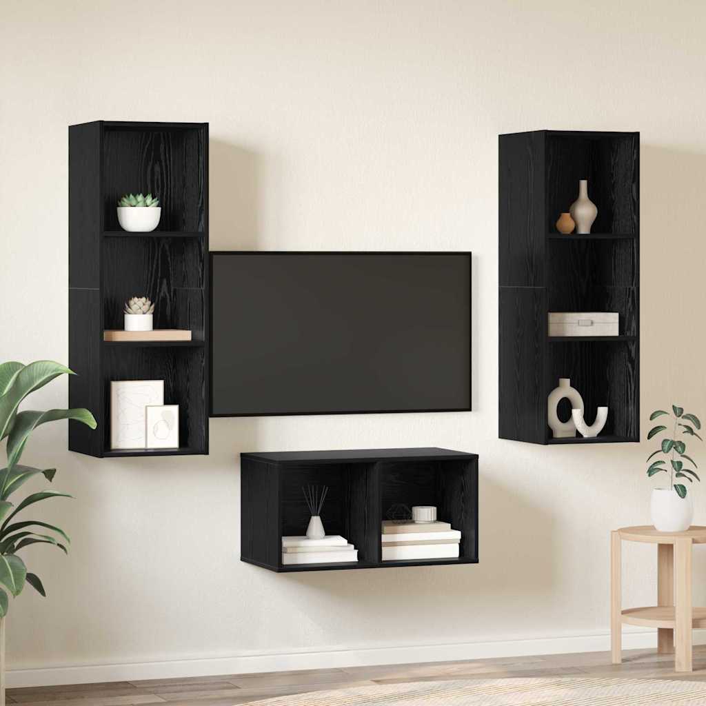TV-Möbel-Set Wandmontiert Schwarz Eichen-Optik 37 x 37 x 107 cm