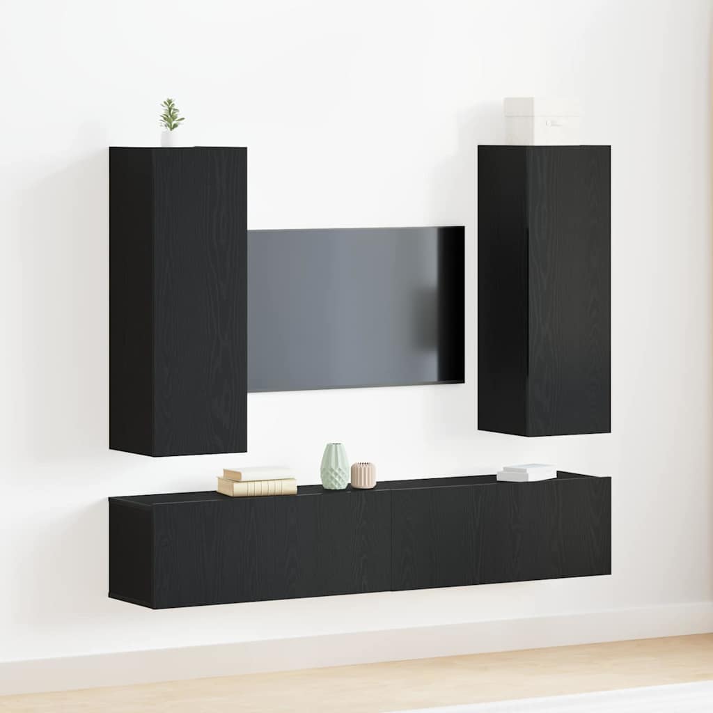 4 Teiliges TV Schrank Set Wandmontierte Schwarze Eichen Spanplatte