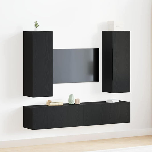 4 Teiliges TV Schrank Set Wandmontierte Schwarze Eichen Spanplatte