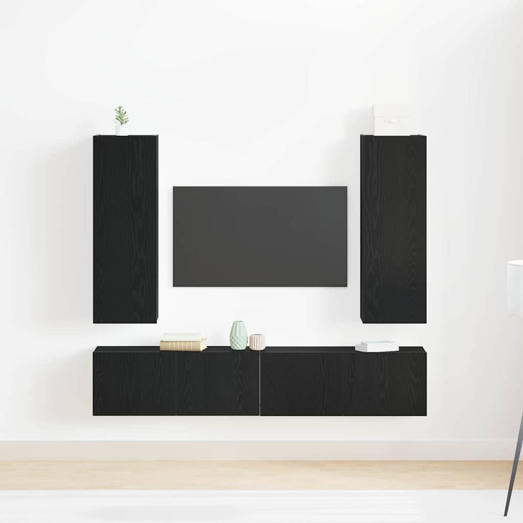4 Teiliges TV Schrank Set Wandmontierte Schwarze Eichen Spanplatte
