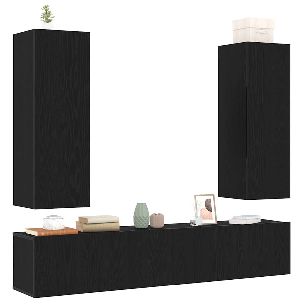 4 Teiliges TV Schrank Set Wandmontierte Schwarze Eichen Spanplatte