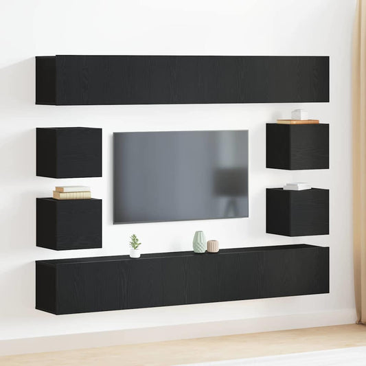 6-teiliges TV-Schrank Set -Wandmontiert, Schwarz-Eiche Holzwerkstoff