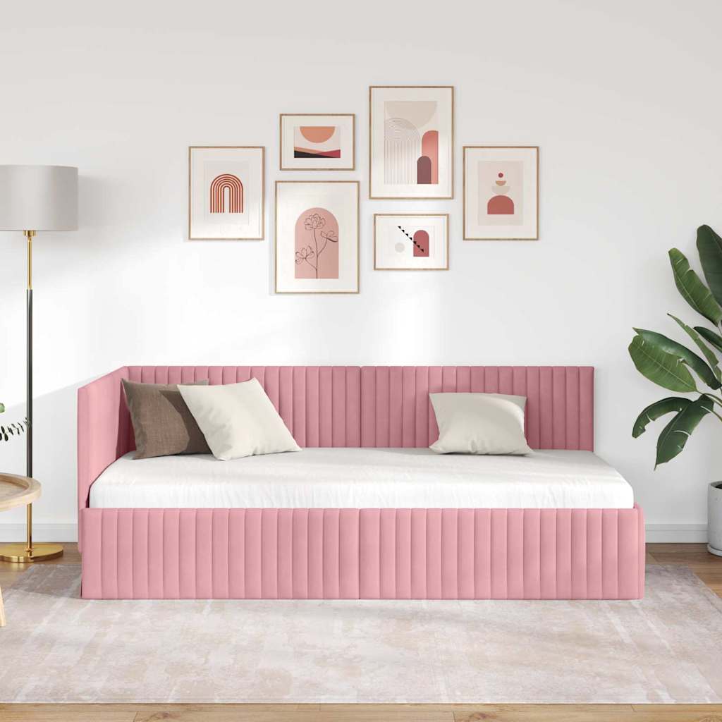 Eckbettgestell mit Kopfteil Rosa 90 x 190 cm Samt