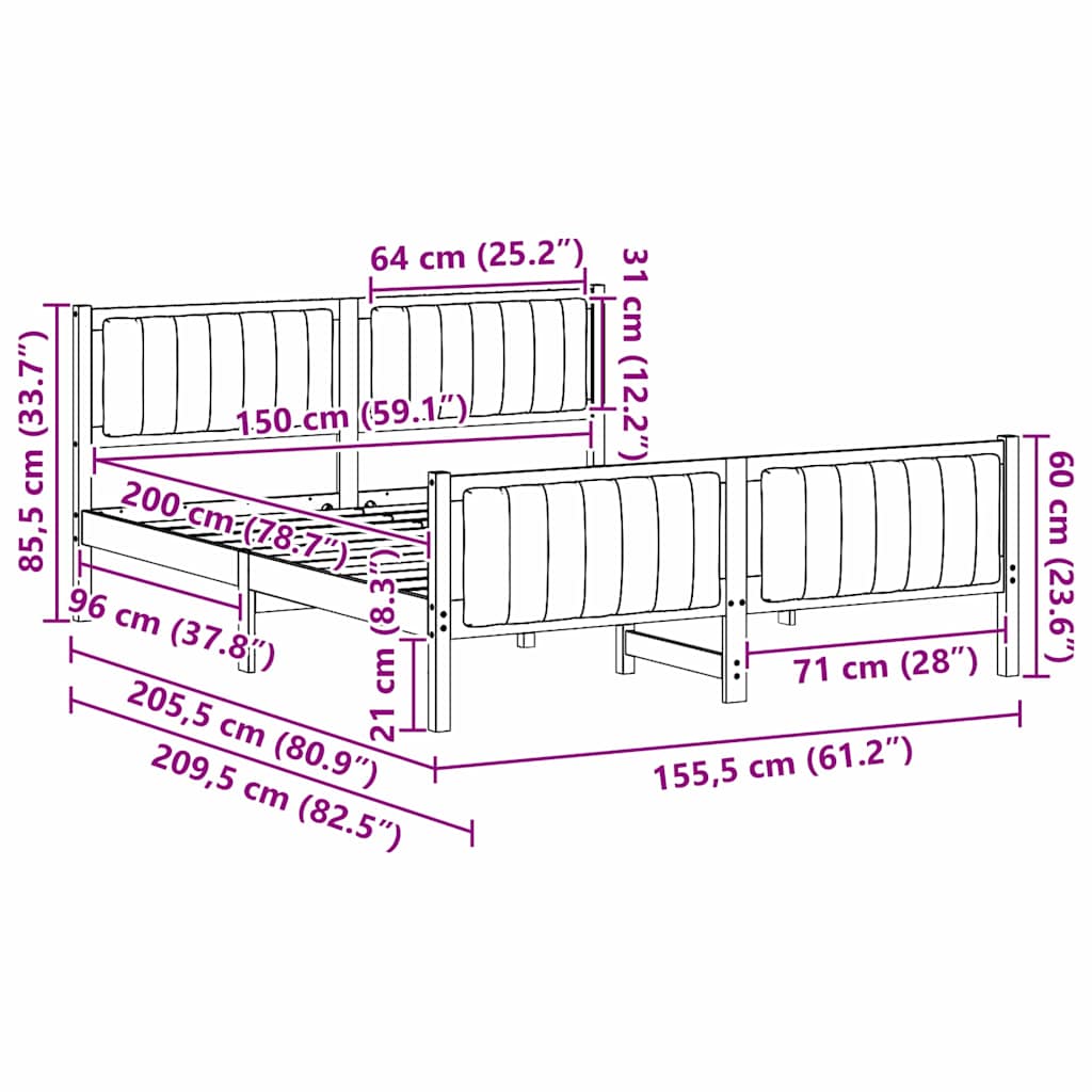 Bettgestell braun und dunkelgrau 150 x 200 cm Massivholz Kiefer