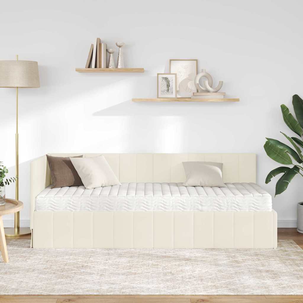 Eckbettgestell mit Matratze mit Kopfteil Creme 80 x 200 cm Samt