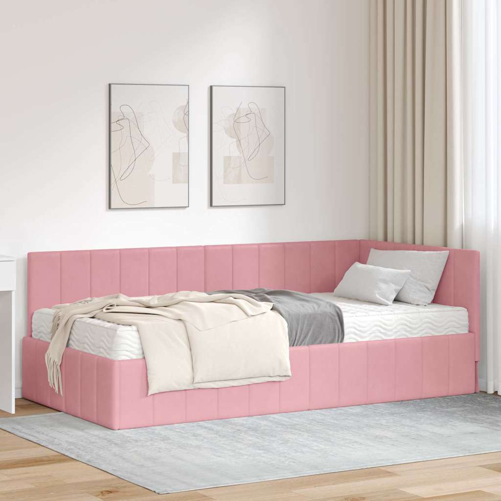 Eckbettgestell mit Matratze mit Kopfteil Rosa 90 x 200 cm Samt
