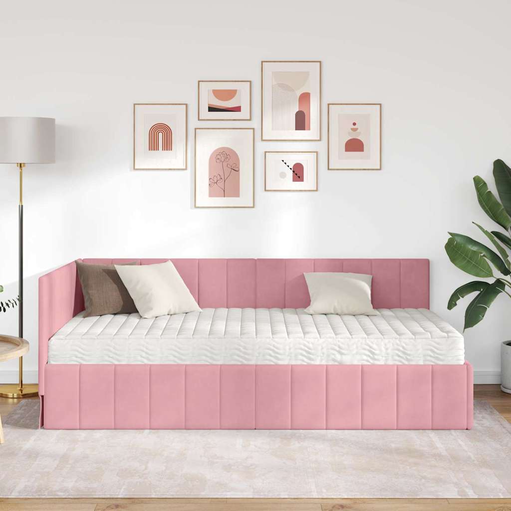 Eckbettgestell mit Matratze mit Kopfteil Rosa 100 x 200 cm Samt