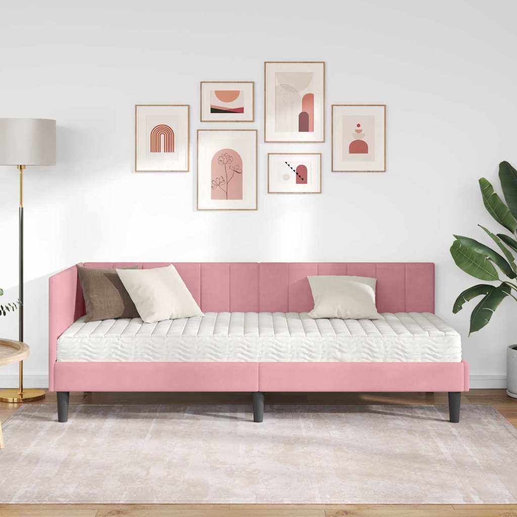 Eckbettgestell mit Matratze mit Kopfteil Rosa 80 x 200 cm Samt
