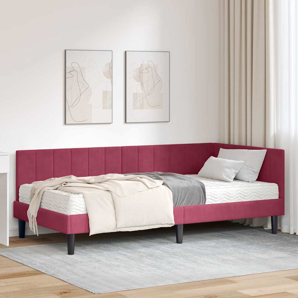 Eckbettgestell mit Matratze Weinrot 90 x 200 cm Samt