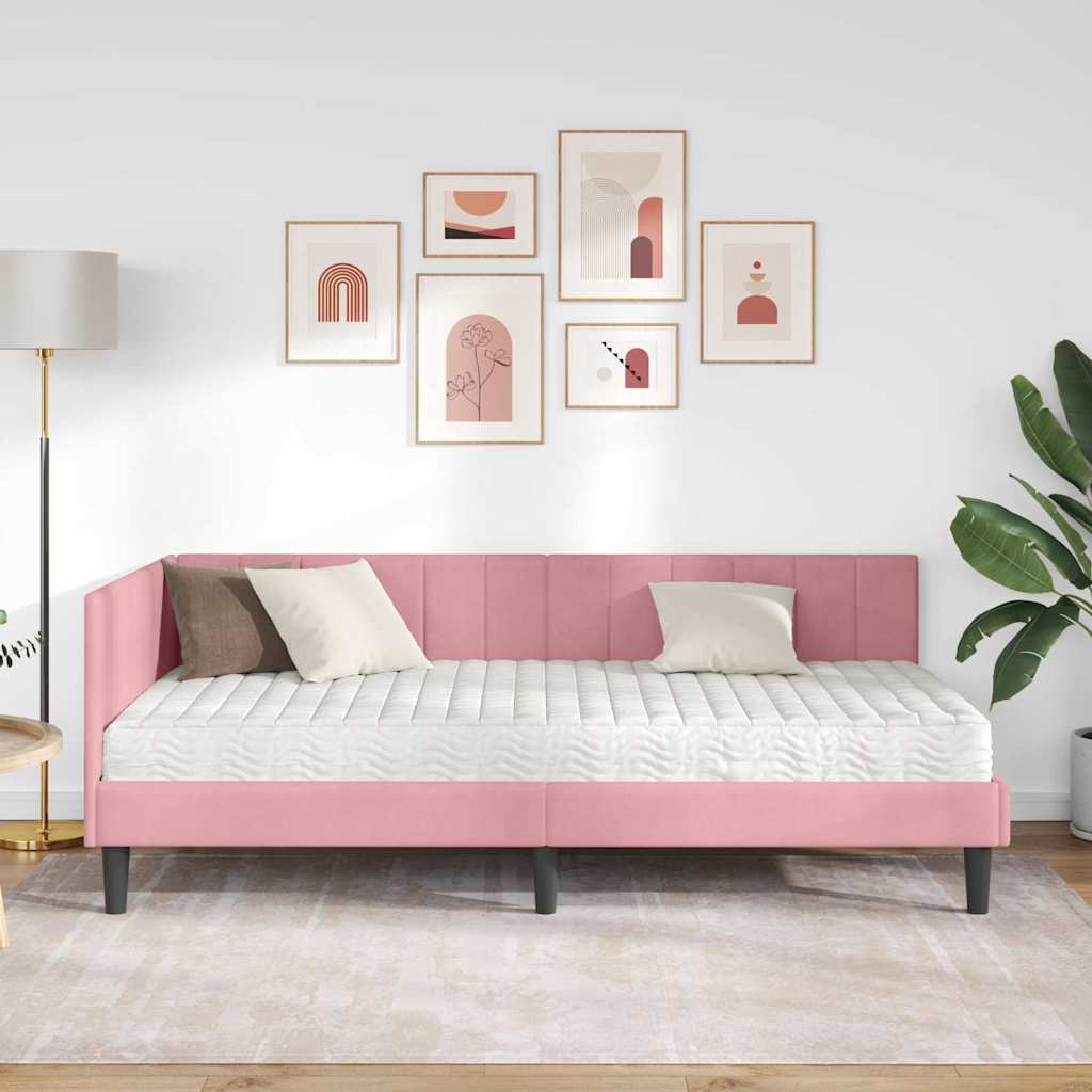 Eckbettgestell mit Matratze mit Kopfteil Rosa 100 x 200 cm Samt