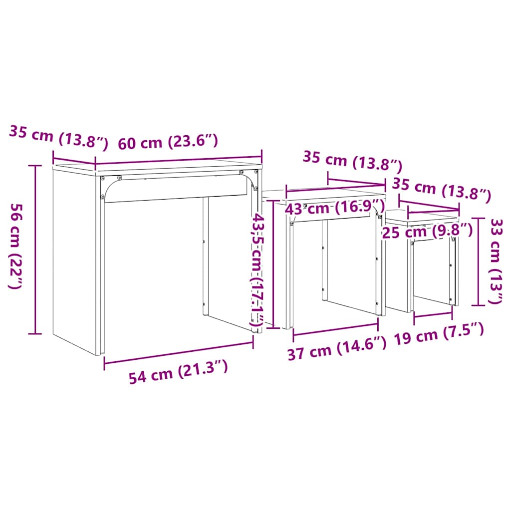 Nesting Couchtisch 3 pcs Eiche handwerklich 60 x 35 x 56 cm