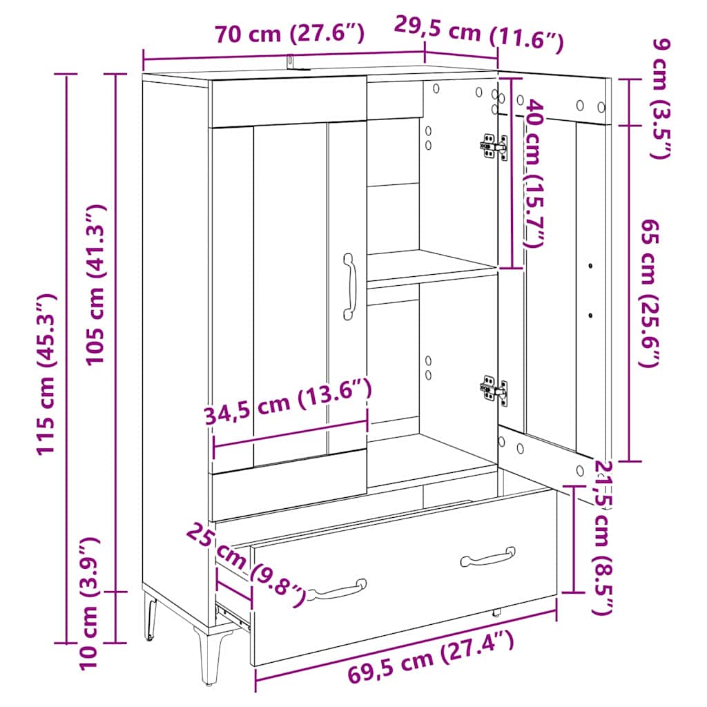 Highboard Artisan-Eiche 70 x 31 x 115 cm Verbundholz und Eisen
