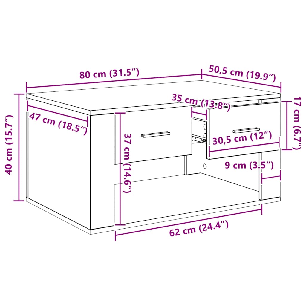 Couchtisch Schwarz Eichen-Optik 80 x 50 x 40 cm Holzwerkstoff